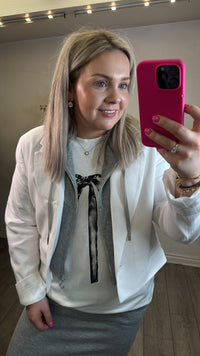 Access Fashion White Cropped Blazer with Grey Detachable Hood