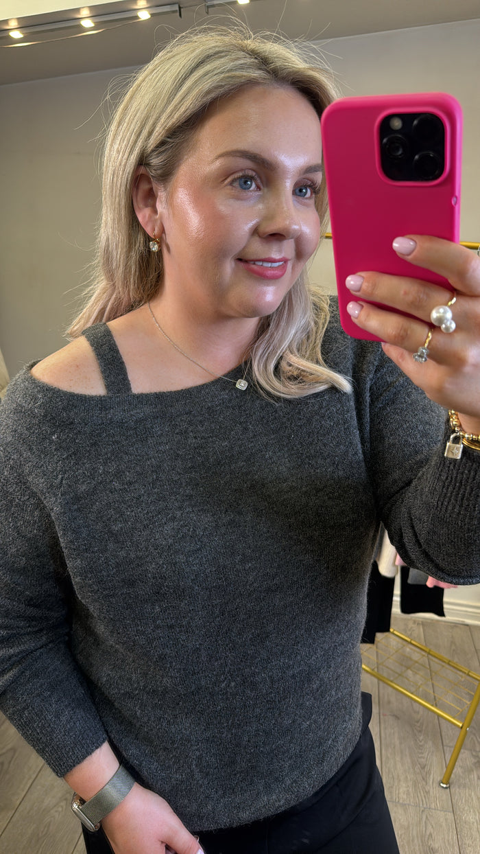 Grace & Mila Samantha Anthracite Grey Off the Shoulder Knit