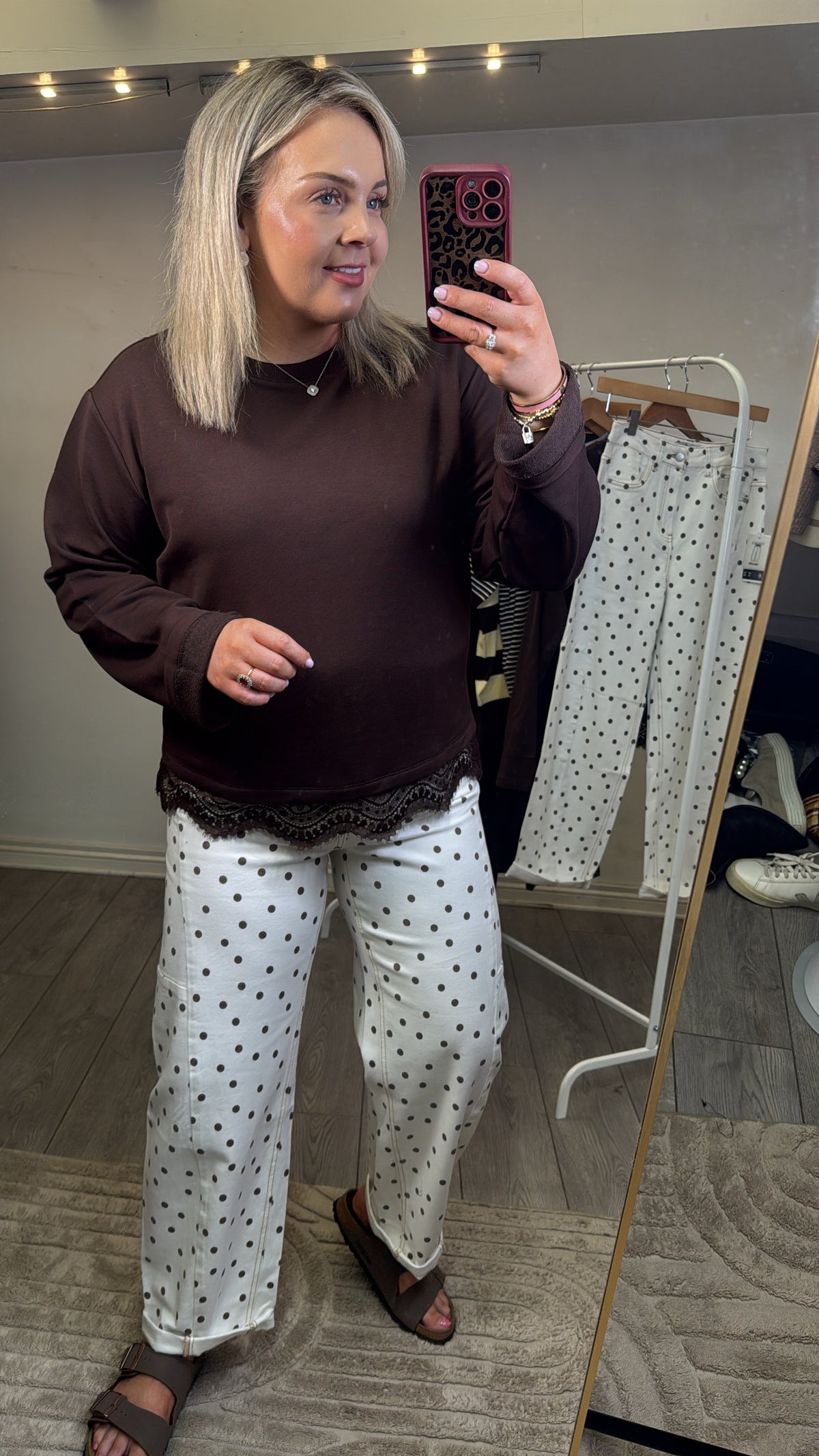 Toxik Highwaisted Barrel Leg Cream Jeans with Chocolate Polka Dot, L21630