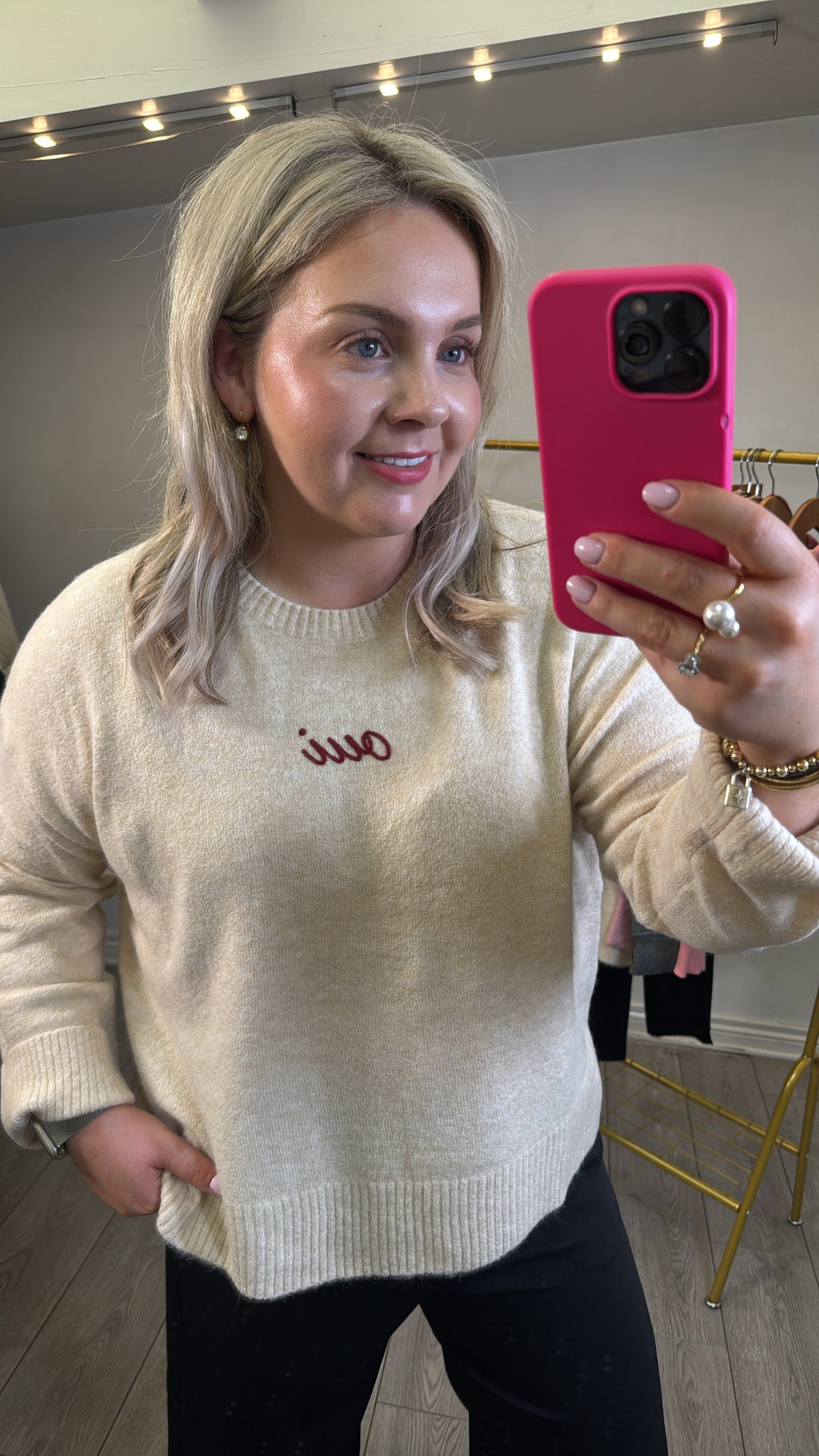 Grace & Mila Saints Oatmeal Beige 'OUI' Burgundy Embroidered Knit