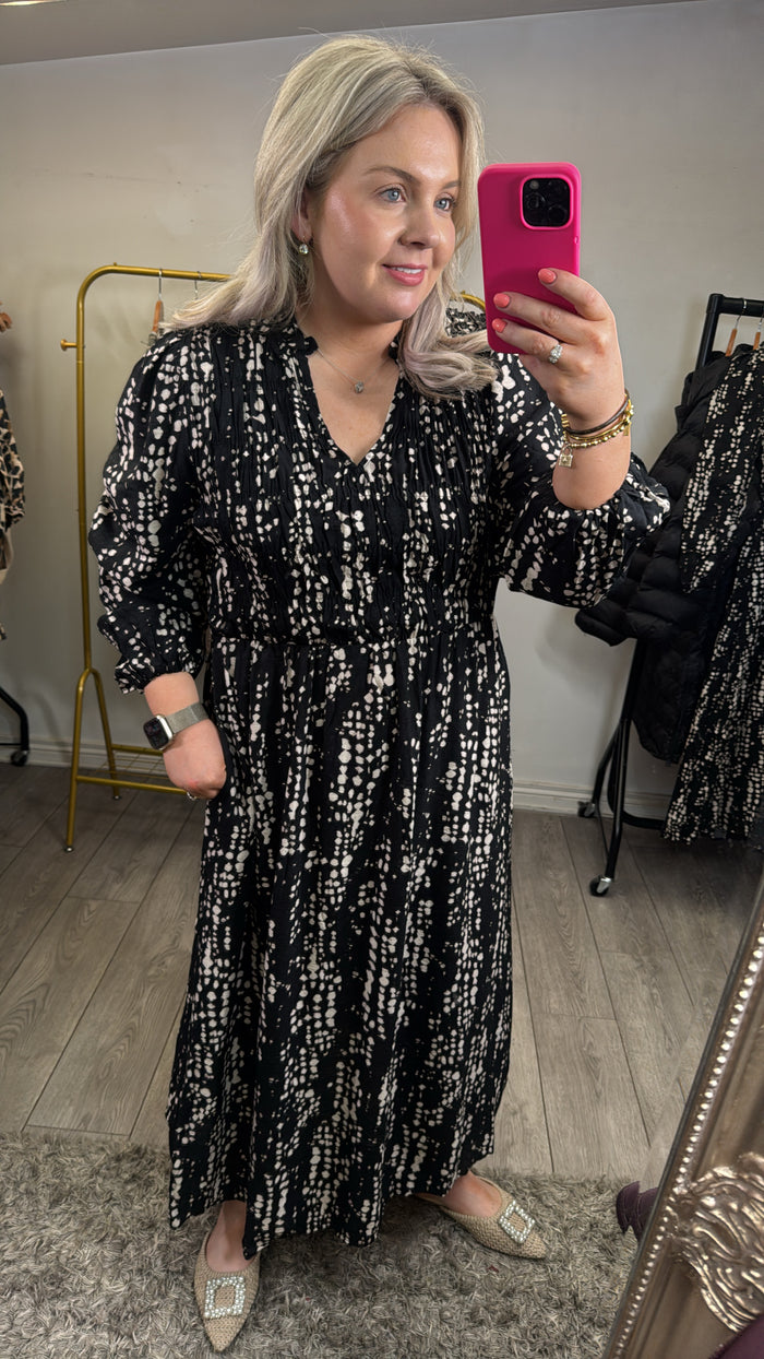 Fransa FrAriana Black Abstract Elasticated Waist Midi Dress, 20617074