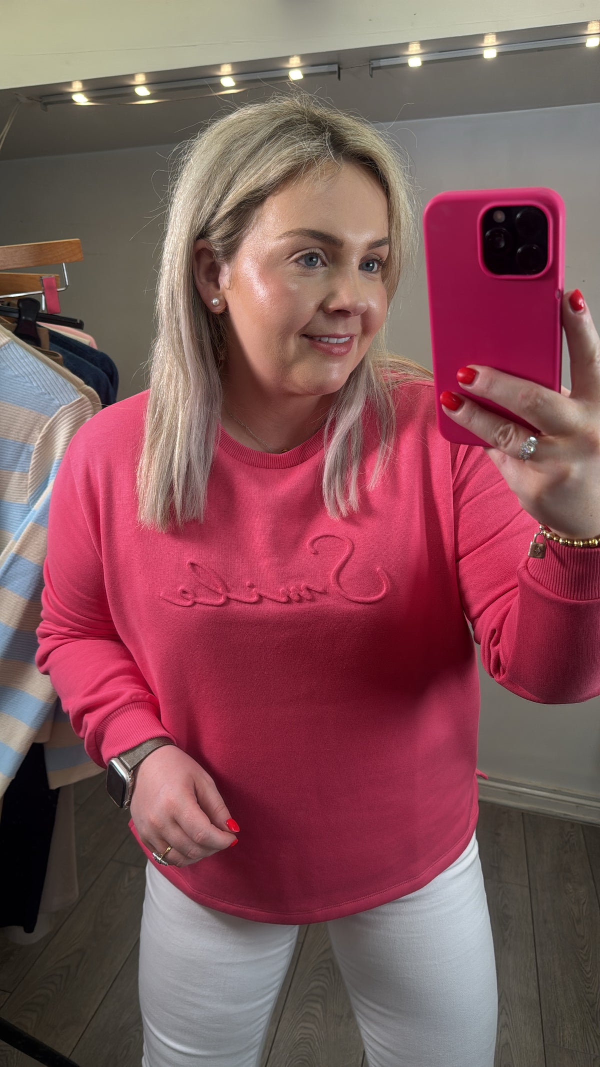 Saint Tropez Lyona Coral Pink Embossed 'SMILE' Logo Fleece Lined Sweatshirt