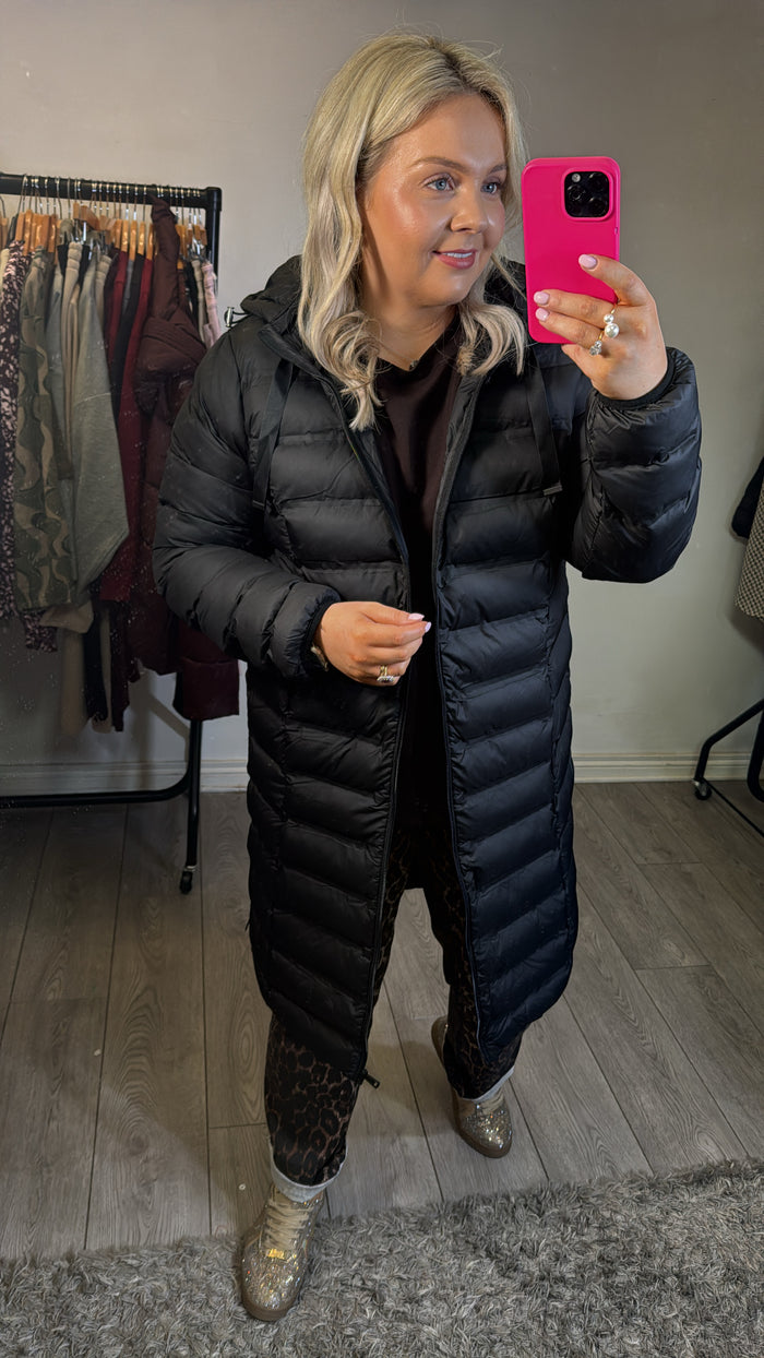 FRANSA Frbafab Black Quilted Knee Length Puffa Jacket