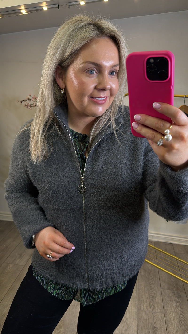 Coster Copenhagen Dove Grey Fluffy Knit Cardigan with Zipper