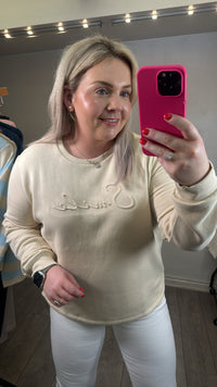 Saint Tropez Lyona Cream Embossed 'SMILE' Logo Fleece Lined Sweatshirt