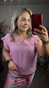 Coster Copenhagen Candy Pink V-Neck Top with Ruffle Detailing, 251-1129