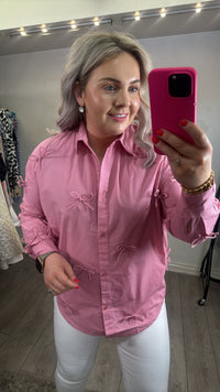 Soaked in Luxury Joa Candy Pink Bow Oversized Shirt