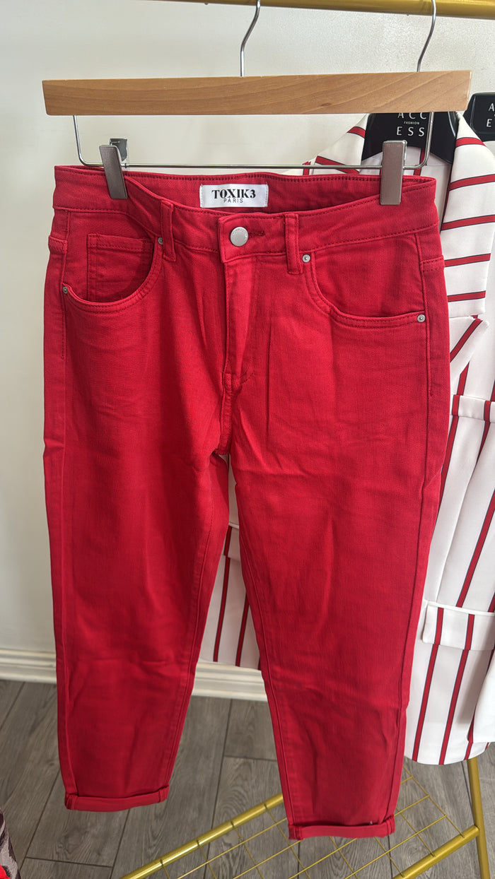 Toxik HighWaisted Boyfriend Red Denim Cropped Jeans