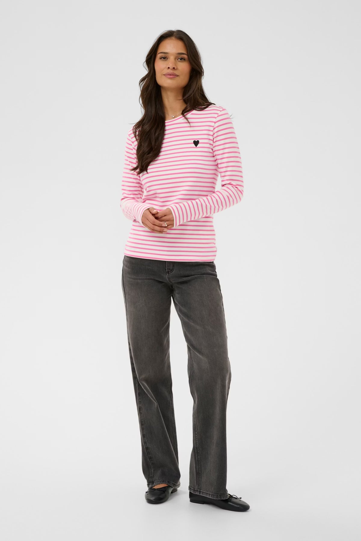 Kaffe Liddy Chalk/Power Pink Stripe Top with Black Heart