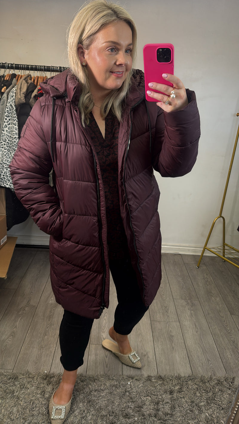 Kaffe Kasusanne Fudge Burgundy Ultimate Puffa Knee Length Coat with Detachable Hood