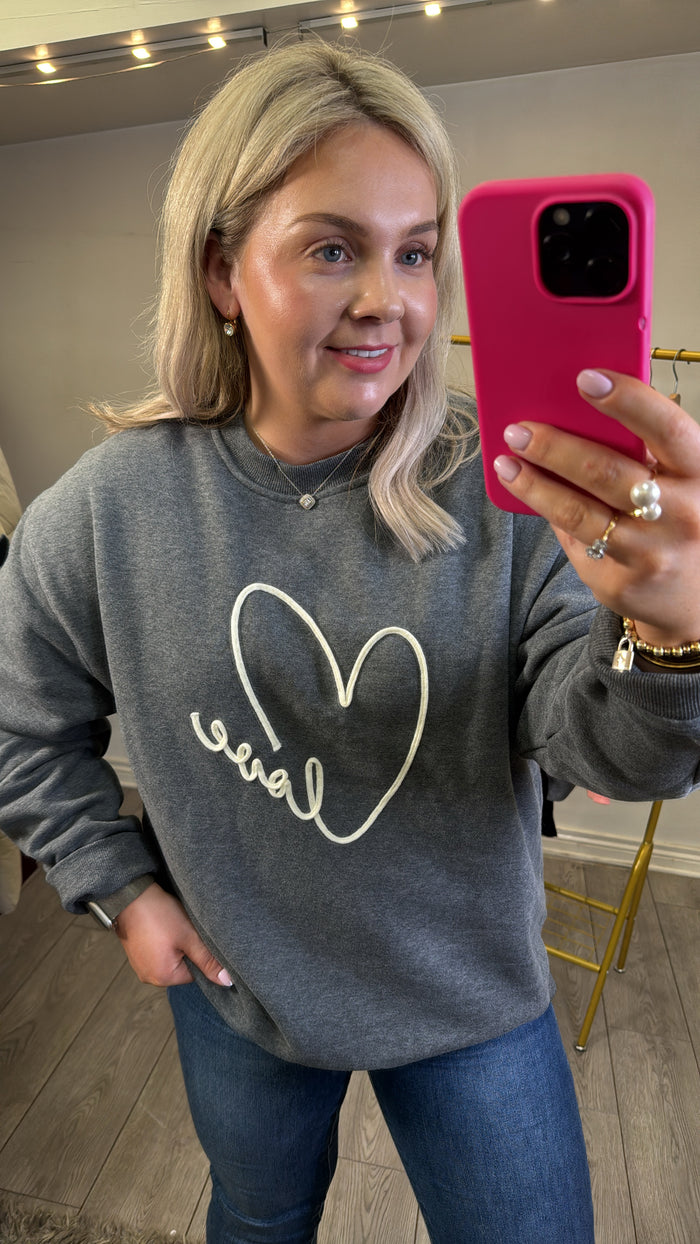 Grace & Mila Sharly Anthracite Grey Oversized Cream Embroidered Sweatshirt