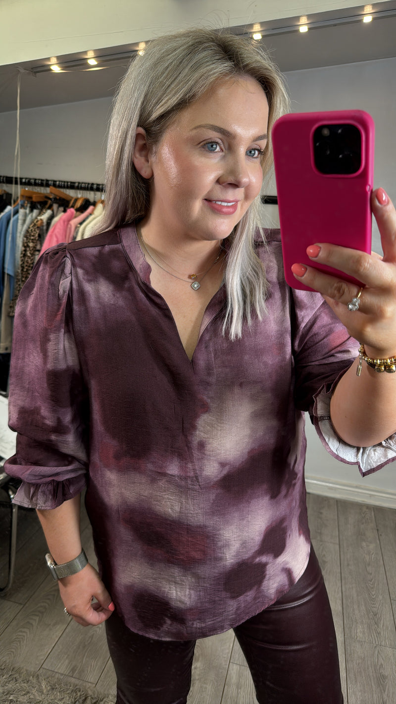 Fransa FrLainey Fudge Burgundy Abstract Printed V-Neck Top, 20617197