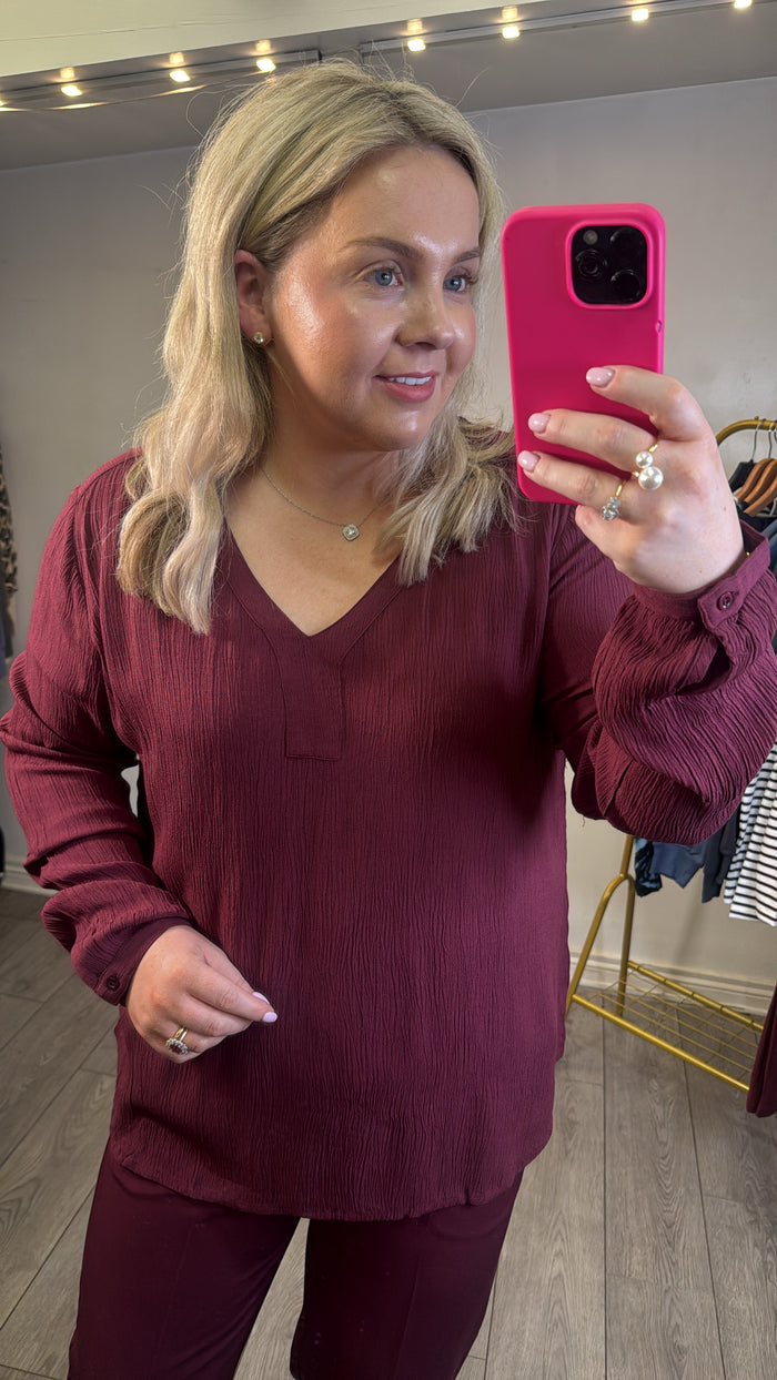 Kaffe Amber Windsor Wine V-Neck Long Sleeve Blouse