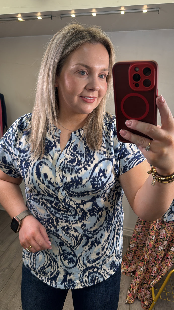 B.Young Joella Blue Paisley Print V-Neck Top