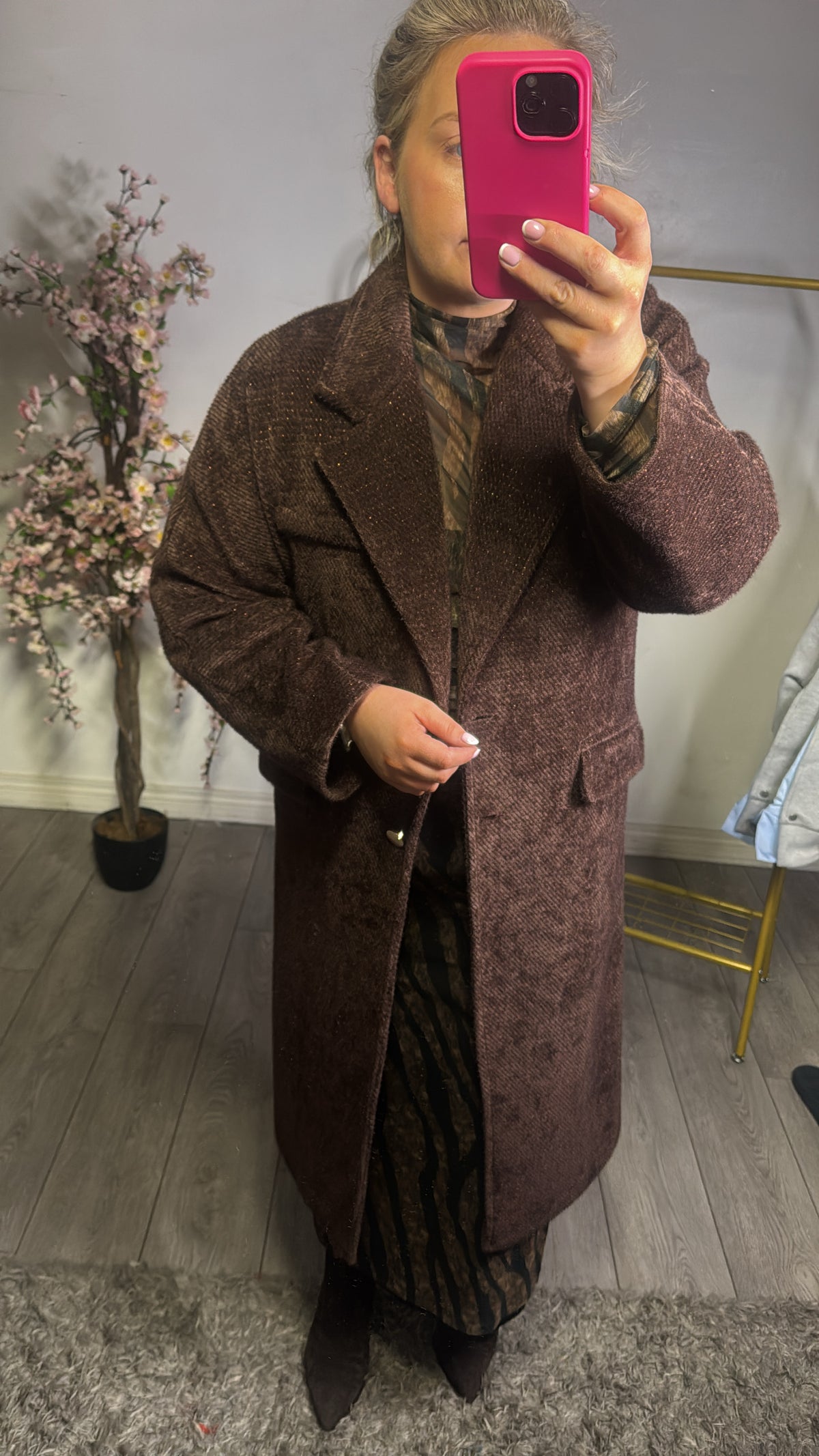 Access Fashion Single Breasted Brown Velvet Like Supersoft Coat