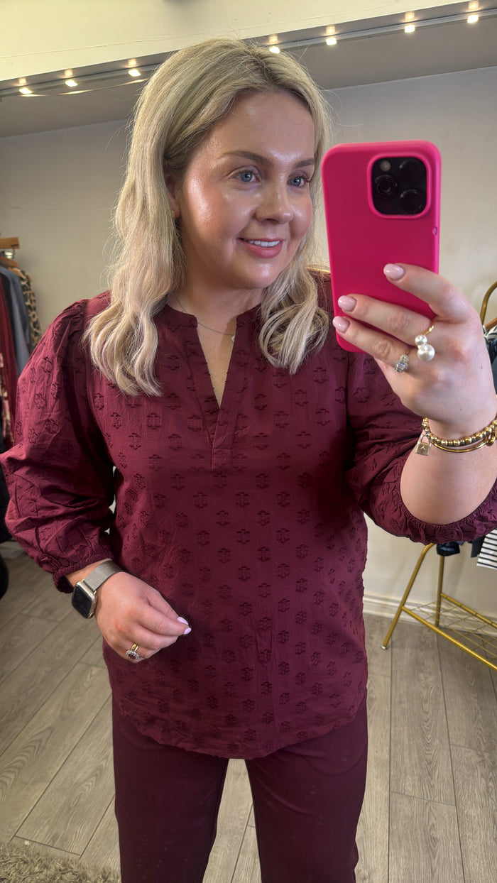 KAFFE Kaenya Windsor Wine V-Neck Embossed Blouse