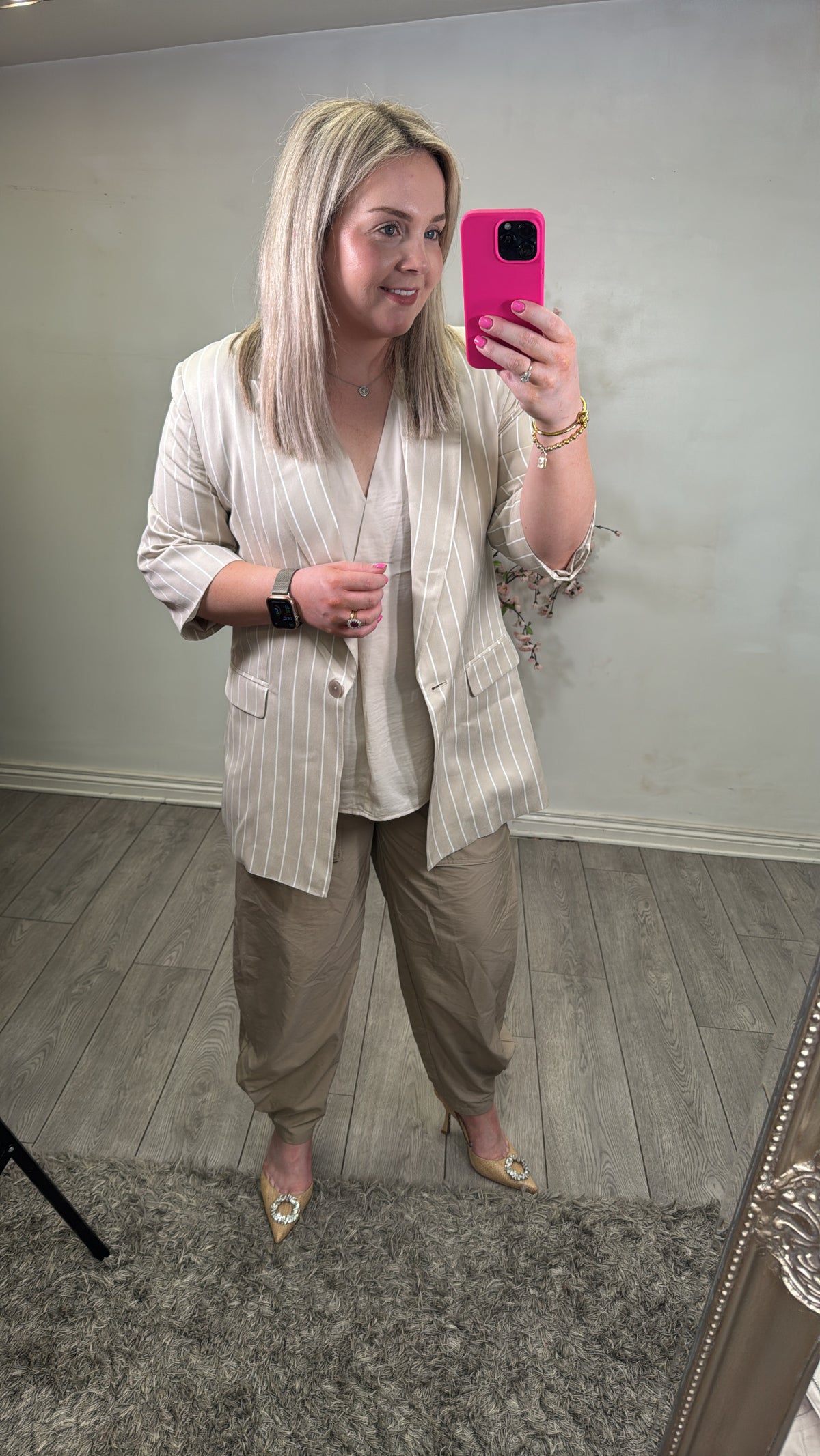 Access Fashion Beige Striped 3/4 Sleeve Blazer