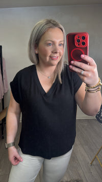 Access Fashion Black V-Neck Blouse with Cream Piping