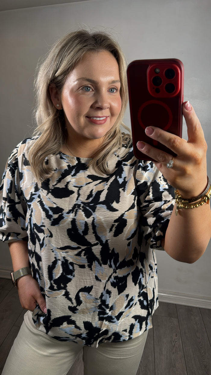 Kaffe Kapaco Baby Blue/Black Abstract Printed Top, 10509633