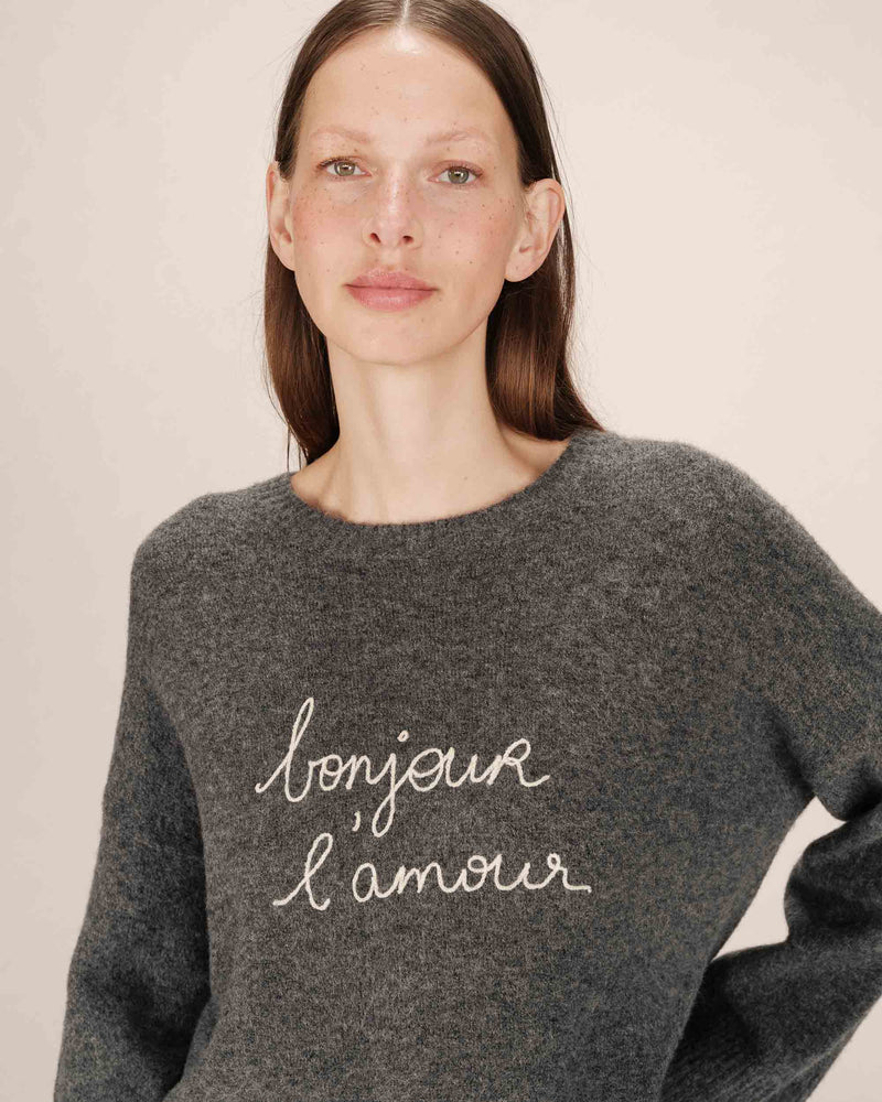 Grace & Mila Saints Anthracite Grey 'BONJOUR L'AMORE' Cream Embroidered Knit