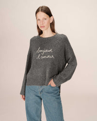 Grace & Mila Saints Anthracite Grey 'BONJOUR L'AMORE' Cream Embroidered Knit