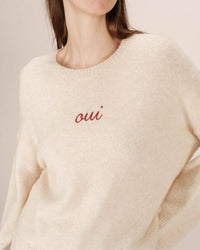 Grace & Mila Saints Oatmeal Beige 'OUI' Burgundy Embroidered Knit