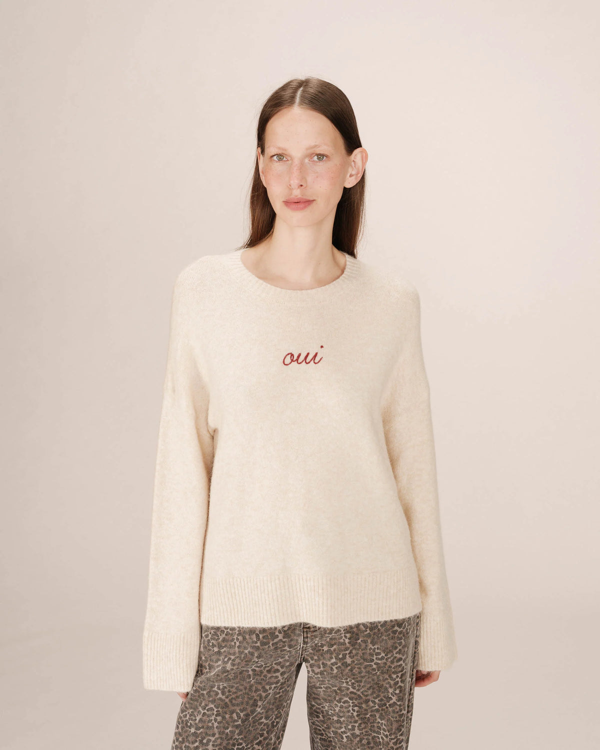 Grace & Mila Saints Oatmeal Beige 'OUI' Burgundy Embroidered Knit