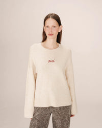 Grace & Mila Saints Oatmeal Beige 'OUI' Burgundy Embroidered Knit