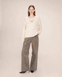 Grace & Mila Saints Oatmeal Beige 'OUI' Burgundy Embroidered Knit