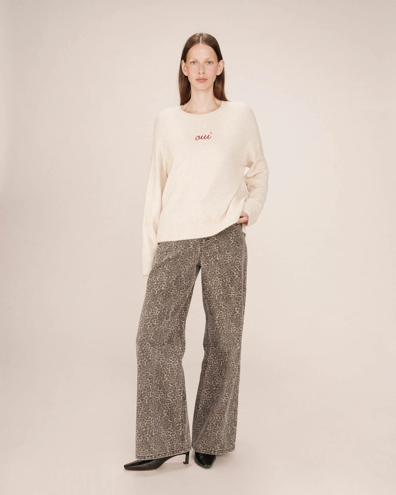 Grace & Mila Saints Oatmeal Beige 'OUI' Burgundy Embroidered Knit