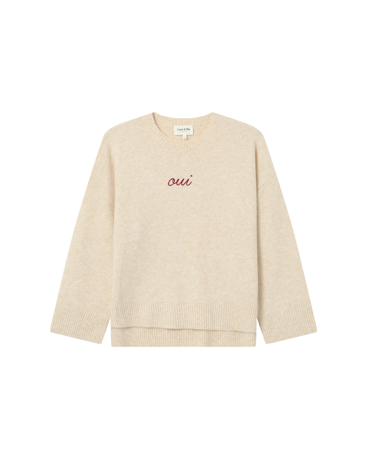 Grace & Mila Saints Oatmeal Beige 'OUI' Burgundy Embroidered Knit