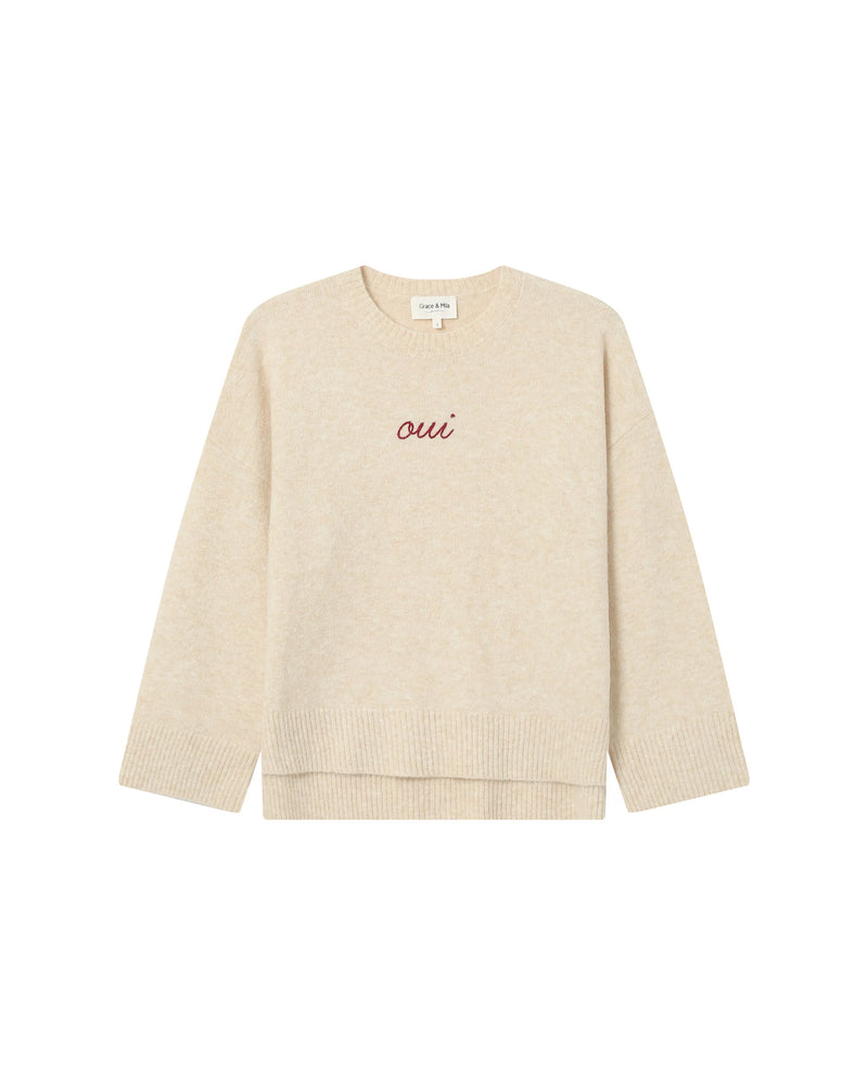 Grace & Mila Saints Oatmeal Beige 'OUI' Burgundy Embroidered Knit