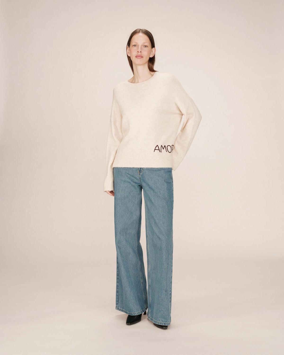 Grace & Mila Saints Oatmeal Beige 'AMORE' Chocolate Embroidered Knit