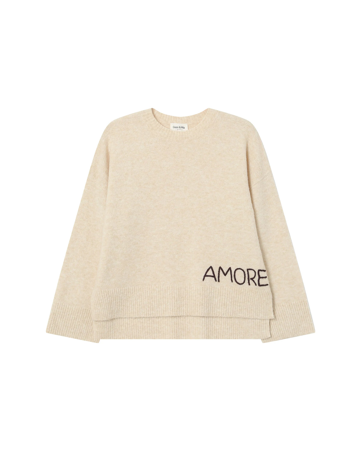 Grace & Mila Saints Oatmeal Beige 'AMORE' Chocolate Embroidered Knit
