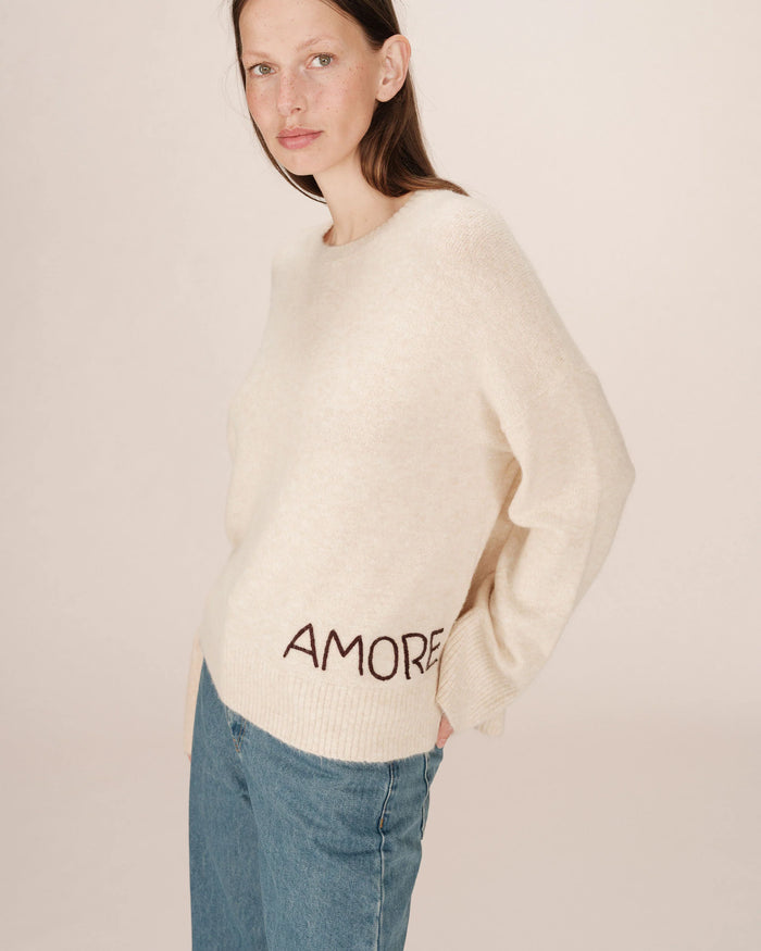 Grace & Mila Saints Oatmeal Beige 'AMORE' Chocolate Embroidered Knit