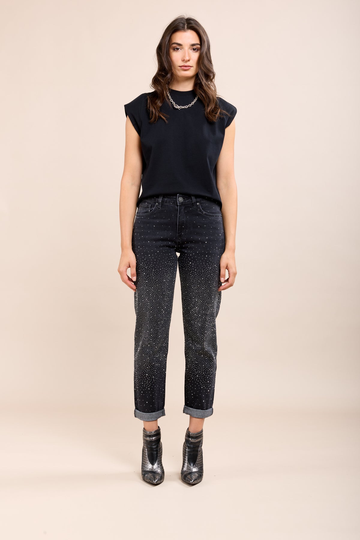 Toxik Highwaisted Boyfriend Charcoal Black Embellished Cropped Jeans