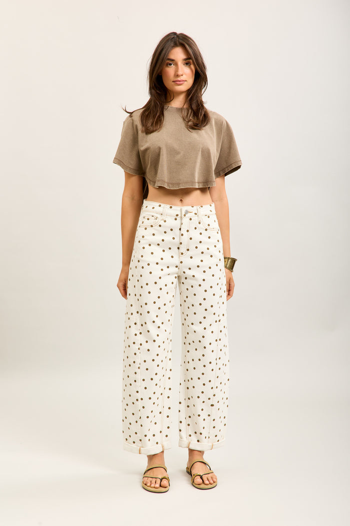 Toxik Highwaisted Barrel Leg Cream Jeans with Chocolate Polka Dot, L21630