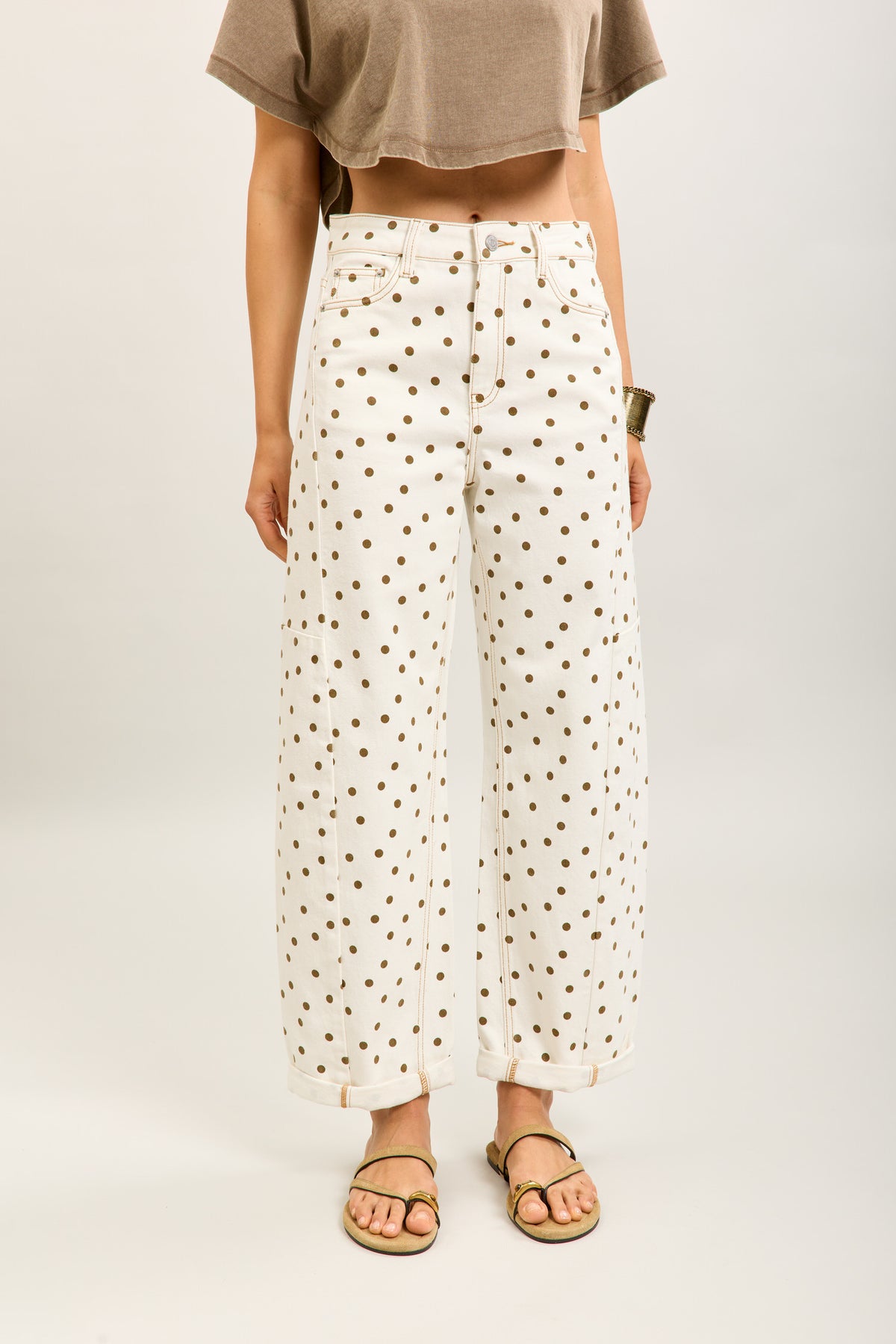 Toxik Highwaisted Barrel Leg Cream Jeans with Chocolate Polka Dot, L21630