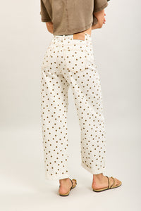 Toxik Highwaisted Barrel Leg Cream Jeans with Chocolate Polka Dot, L21630