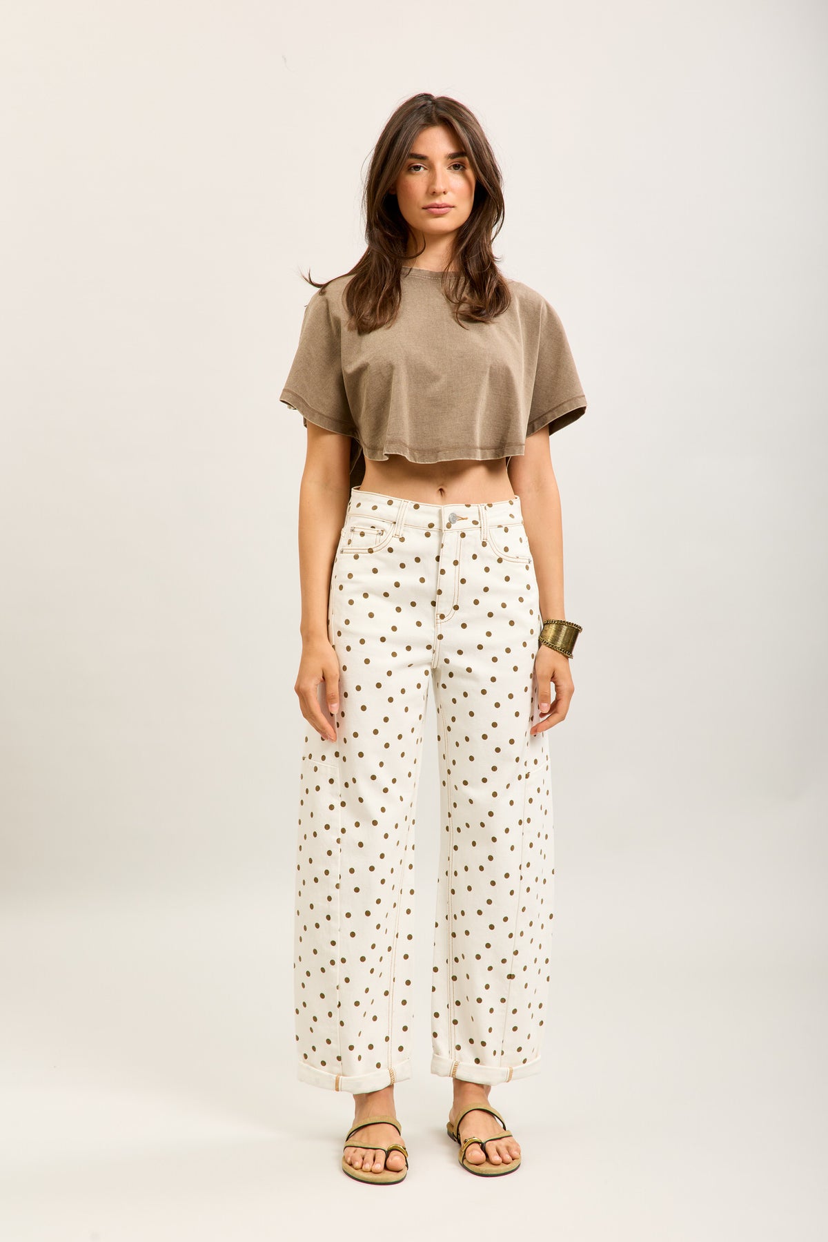 Toxik Highwaisted Barrel Leg Cream Jeans with Chocolate Polka Dot, L21630