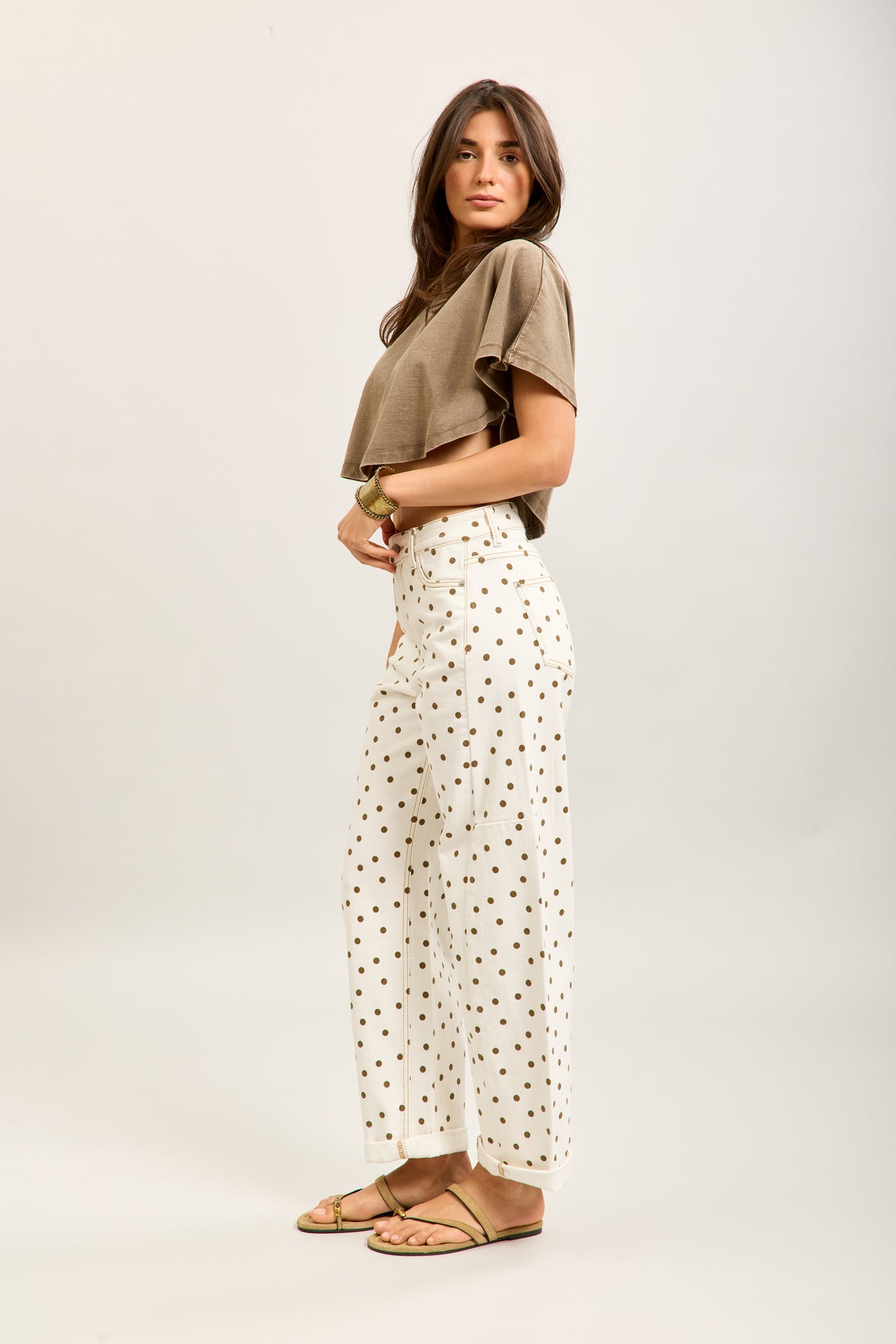 Toxik Highwaisted Barrel Leg Cream Jeans with Chocolate Polka Dot, L21630
