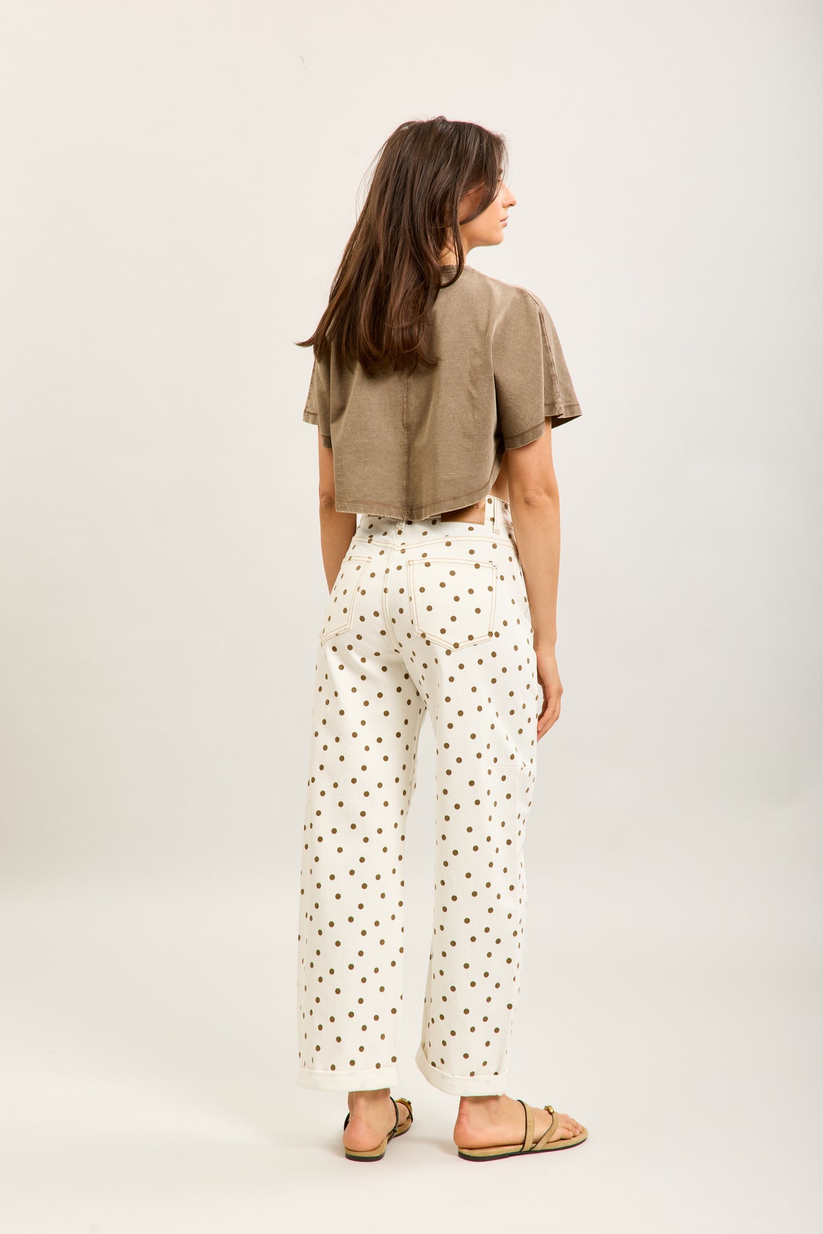 Toxik Highwaisted Barrel Leg Cream Jeans with Chocolate Polka Dot