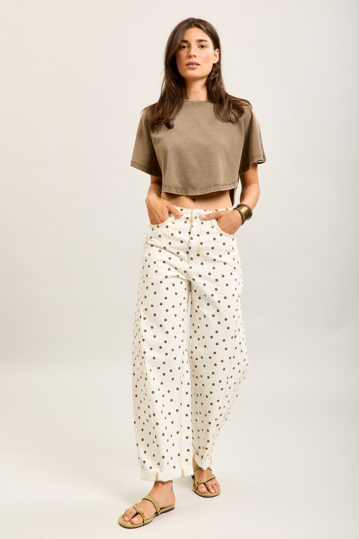 Toxik Highwaisted Barrel Leg Cream Jeans with Chocolate Polka Dot