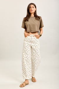 Toxik Highwaisted Barrel Leg Cream Jeans with Chocolate Polka Dot