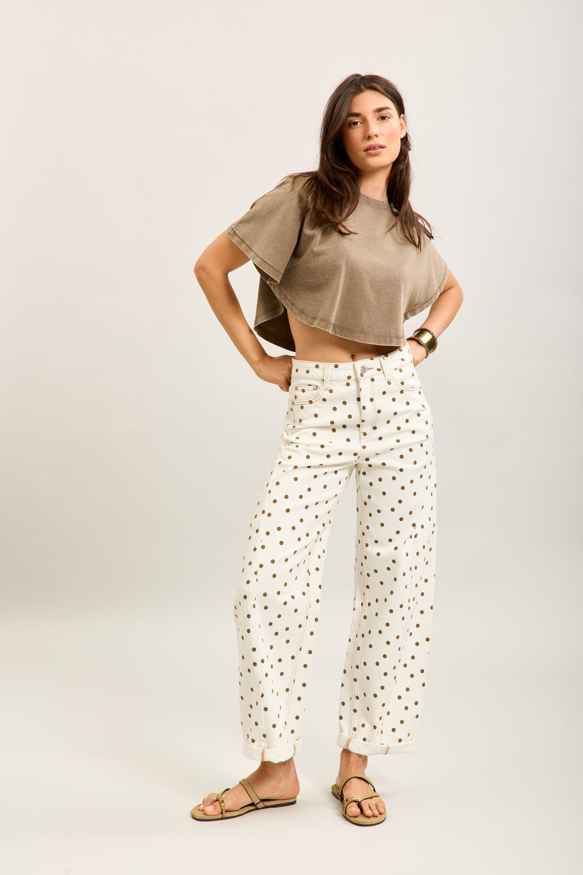 Toxik Highwaisted Barrel Leg Cream Jeans with Chocolate Polka Dot