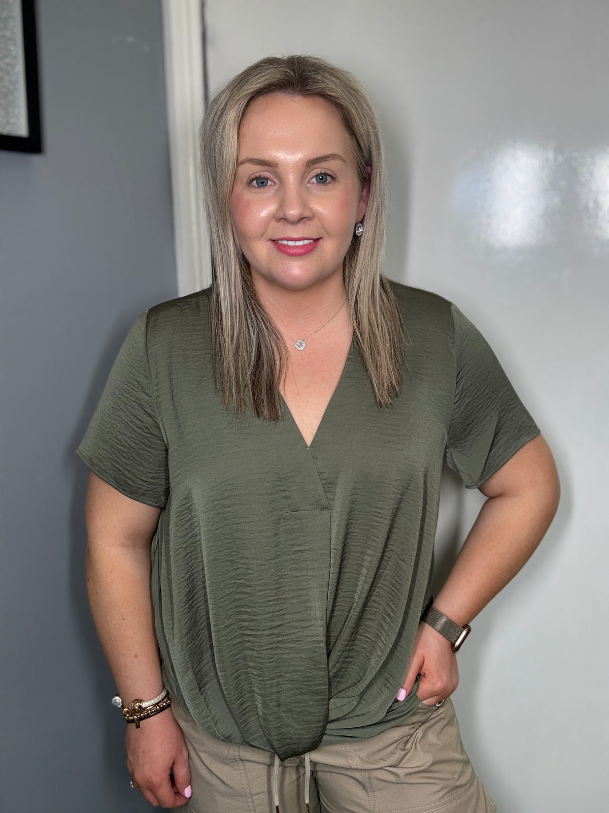 InWear Kinley Dusty Olive Twist Front V-Neck Blouse, 30110546