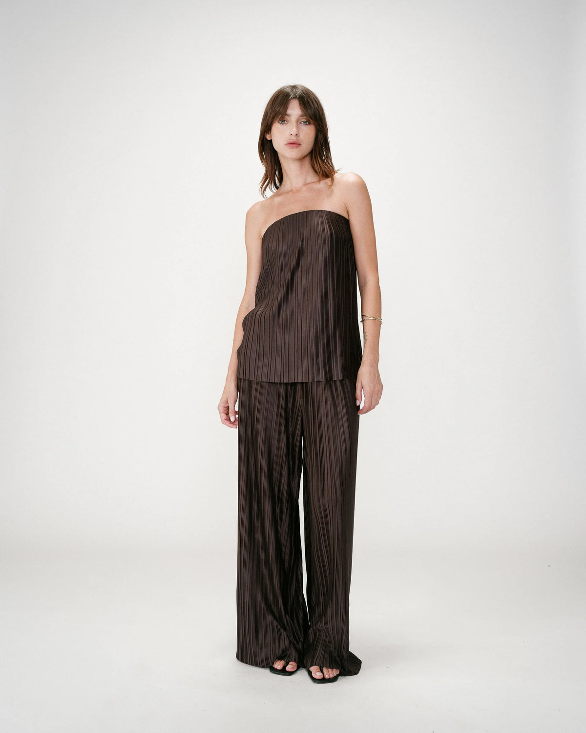 Grace & Mila Wonka Chocolate Brown Plisse Wide Leg Trousers 