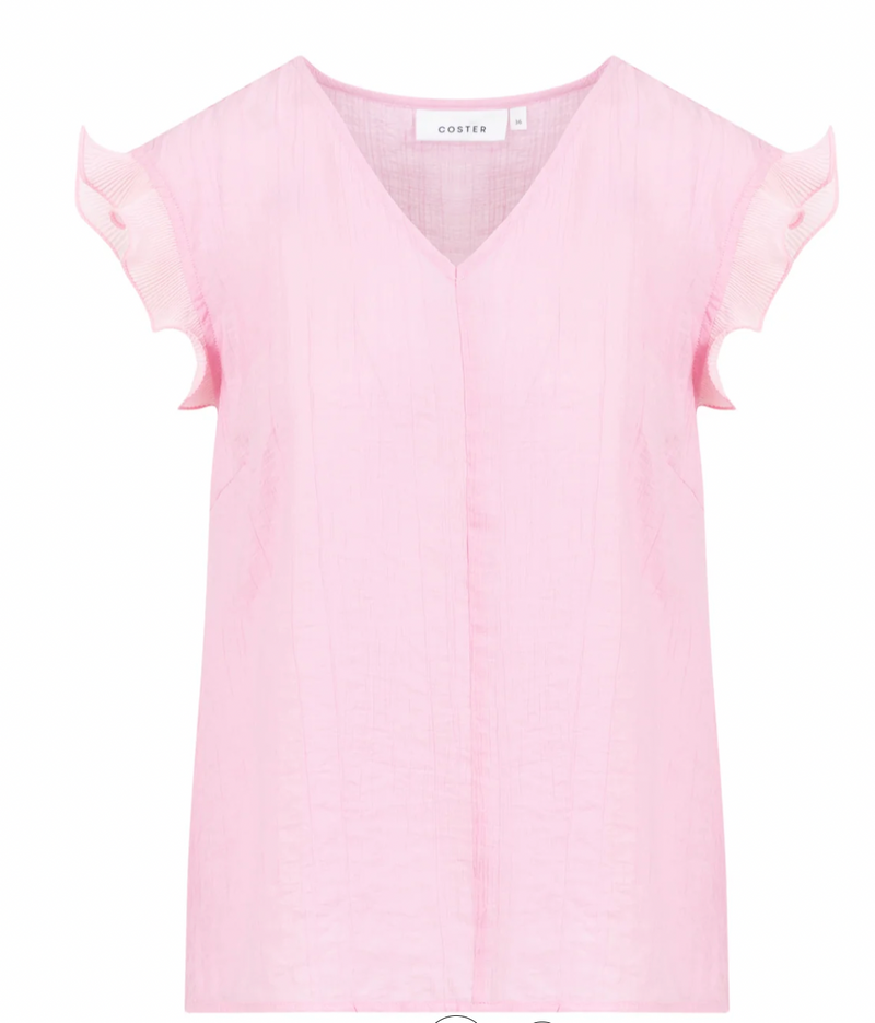 Coster Copenhagen Candy Pink V-Neck Top with Ruffle Detailing