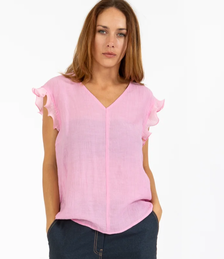 Coster Copenhagen Candy Pink V-Neck Top with Ruffle Detailing