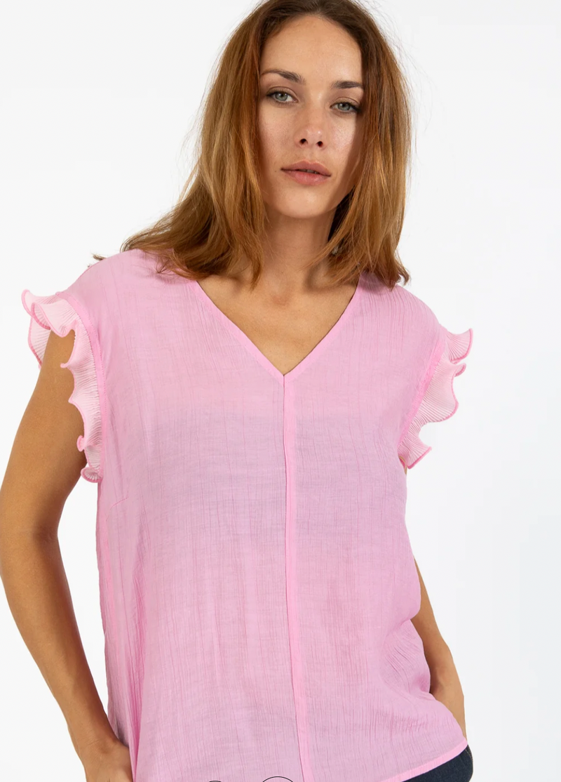 Coster Copenhagen Candy Pink V-Neck Top with Ruffle Detailing